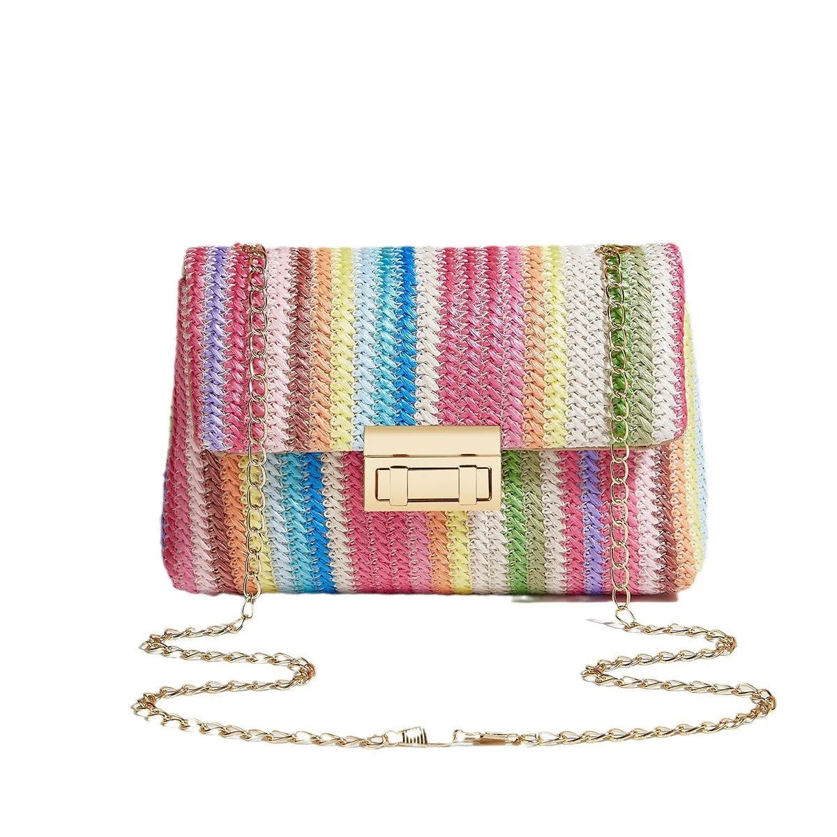 Women's small square straw cross-body bag in rainbow colour with mobile phone compartment