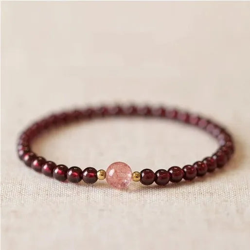 Chinese-style gourd bracelet with imitation garnet beads and Fu character symbols on U-shaped electroplated setting