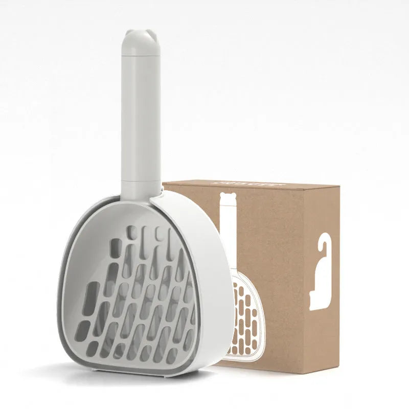 ABS plastic cat litter scoop with base featuring hidden bag storage and wall mounting capability