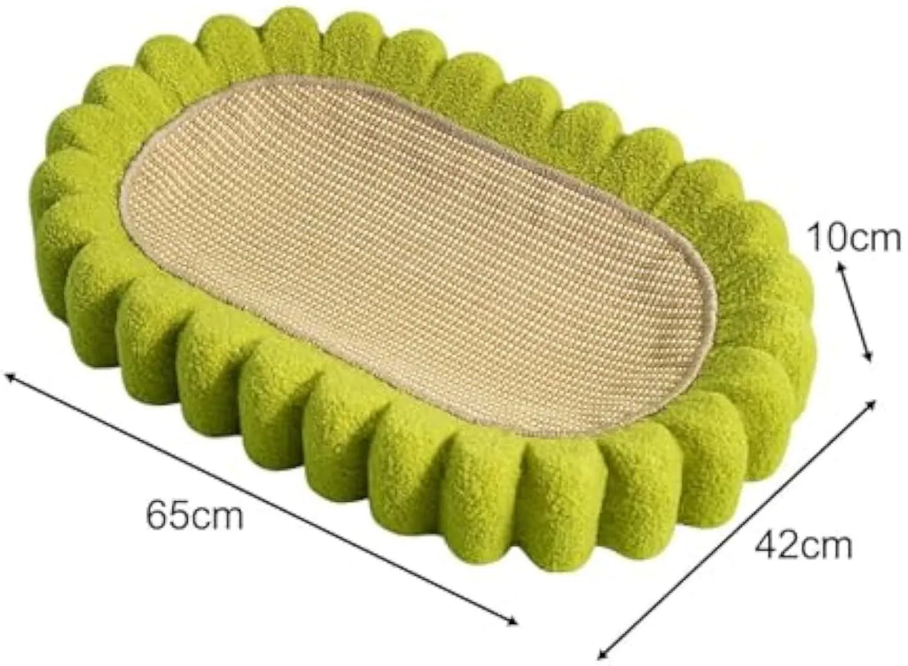 Green oval cat scratcher pad with sisal material and integrated cat bed bowl design