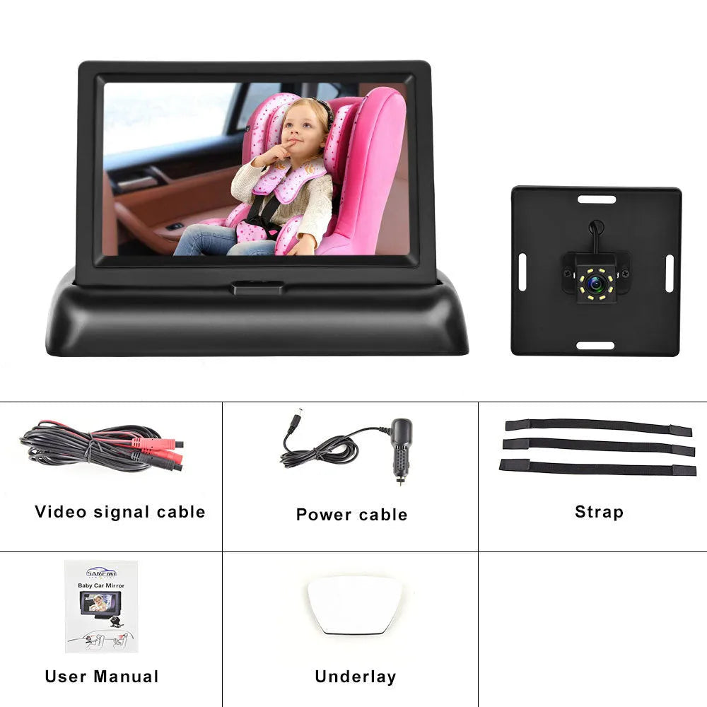4.3-inch folding car baby monitoring screen with rear view camera and cigarette lighter power cord