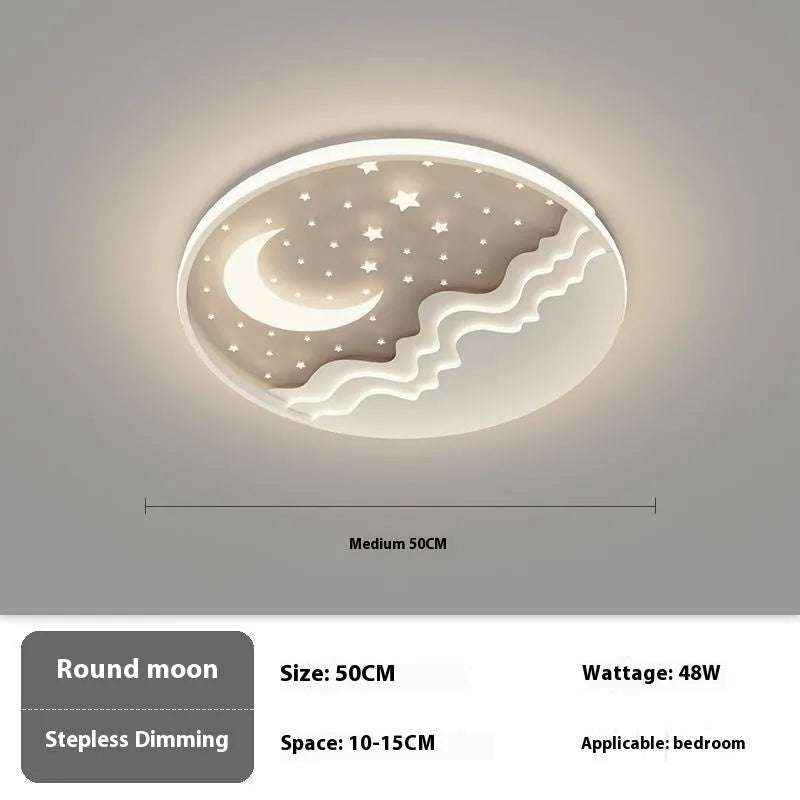 Moon ceiling light in 40cm, 50cm, or 60cm size, wrought iron and acrylic, white light or nonpolar, simple modern bedroom fixture.