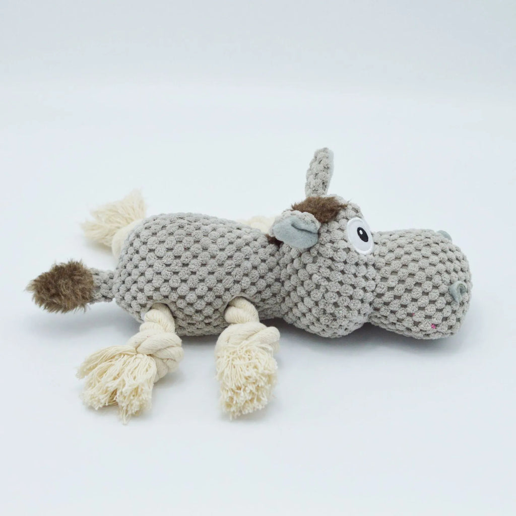 Grey donkey-shaped plush dog toy with squeaker and crinkle sound.