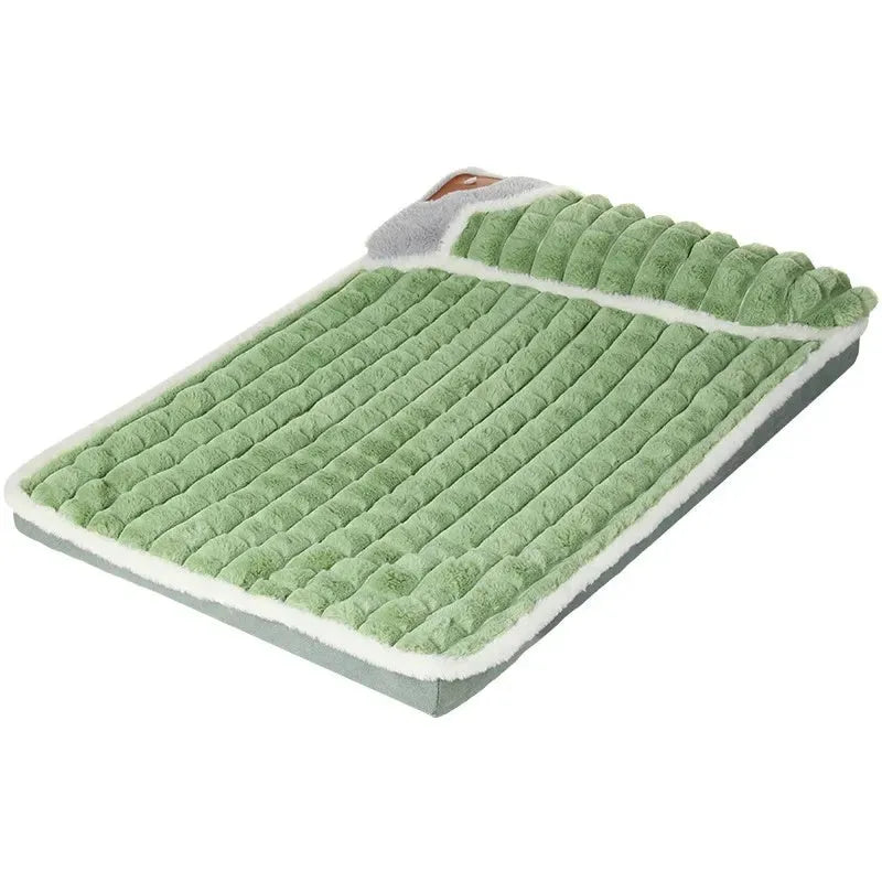 Large grey fleece dog mat with removable cover shown in a dog crate.
