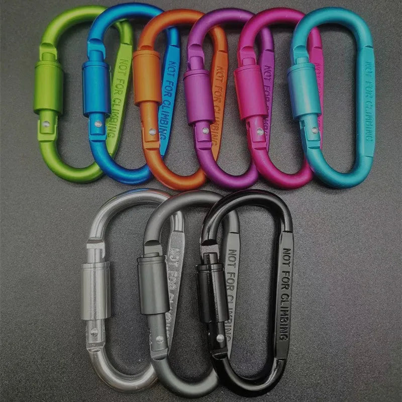 Silver D-shaped aluminium locking carabiner on a grey background.