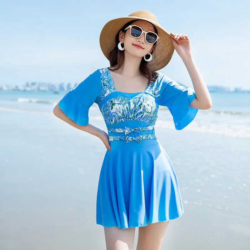 Women's one-piece swimsuit with seaside print pattern in chemical fibre blend fabric