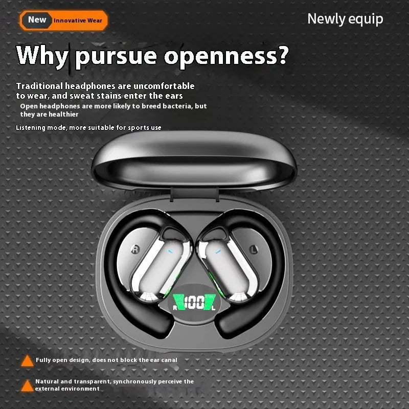 Black open ear Bluetooth headset with ear hook and digital display on charging case