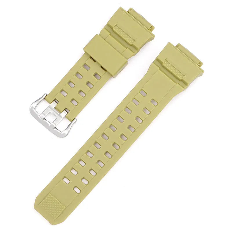 Camouflage pattern TPU watch strap with silver buckle on a grey background.