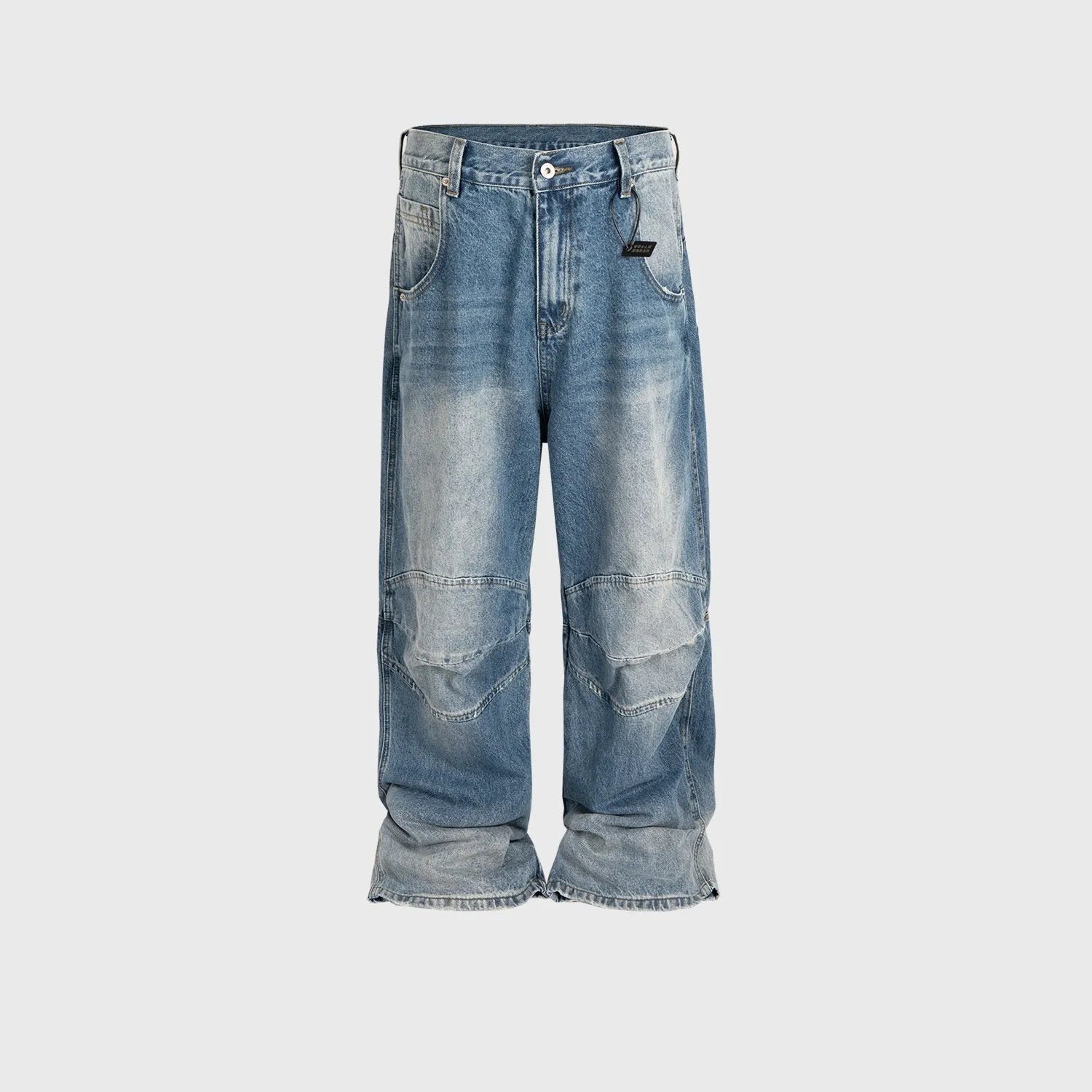Men's washed blue baggy jeans with pleated front detail and straight-leg cut