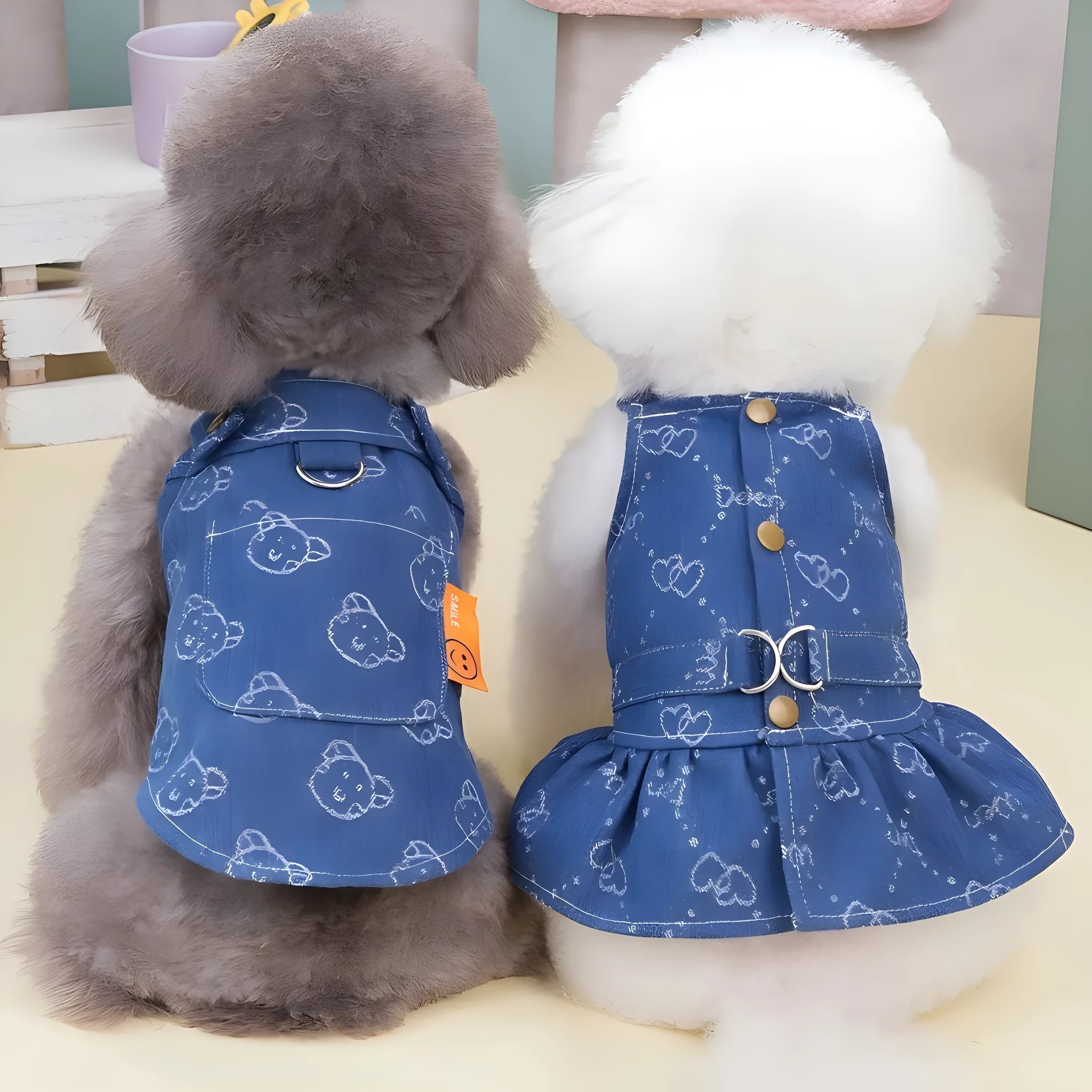 Denim princess dress for small dog showing bracket skirt style in blue denim fabric