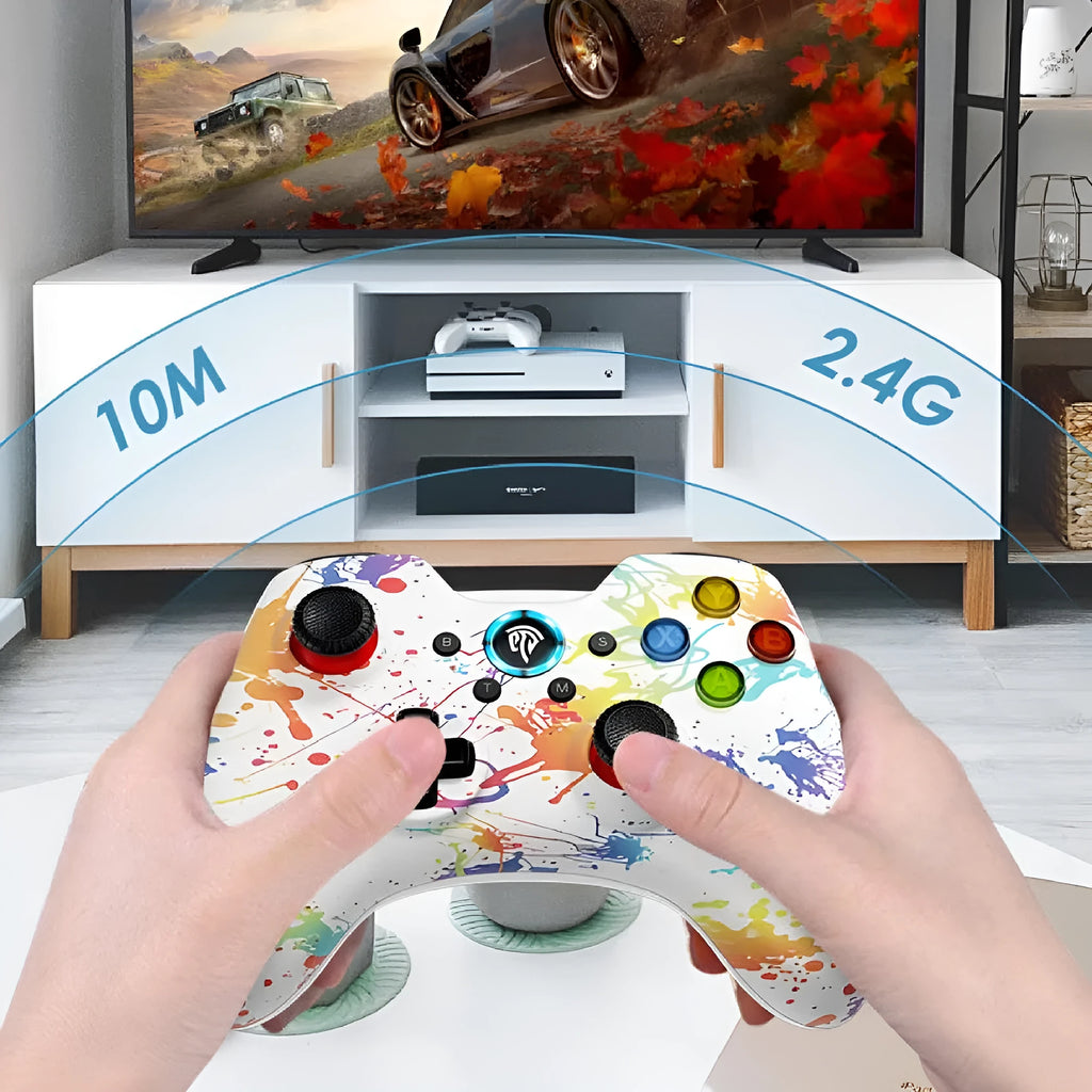 PC dual mode wireless game controller in ABS plastic with adjustable vibration, shown in available colour options