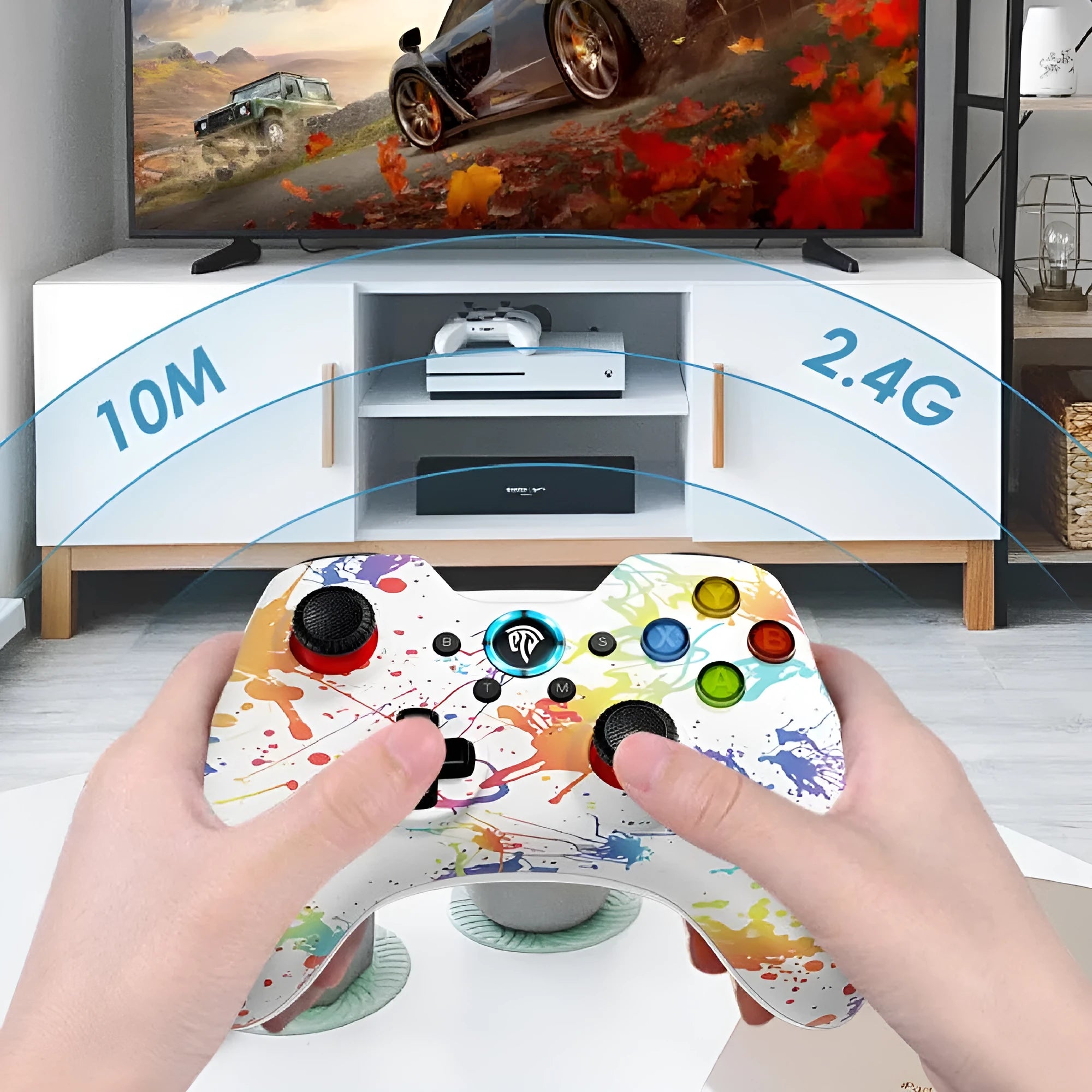 PC dual mode wireless game controller in ABS plastic with adjustable vibration, shown in available colour options