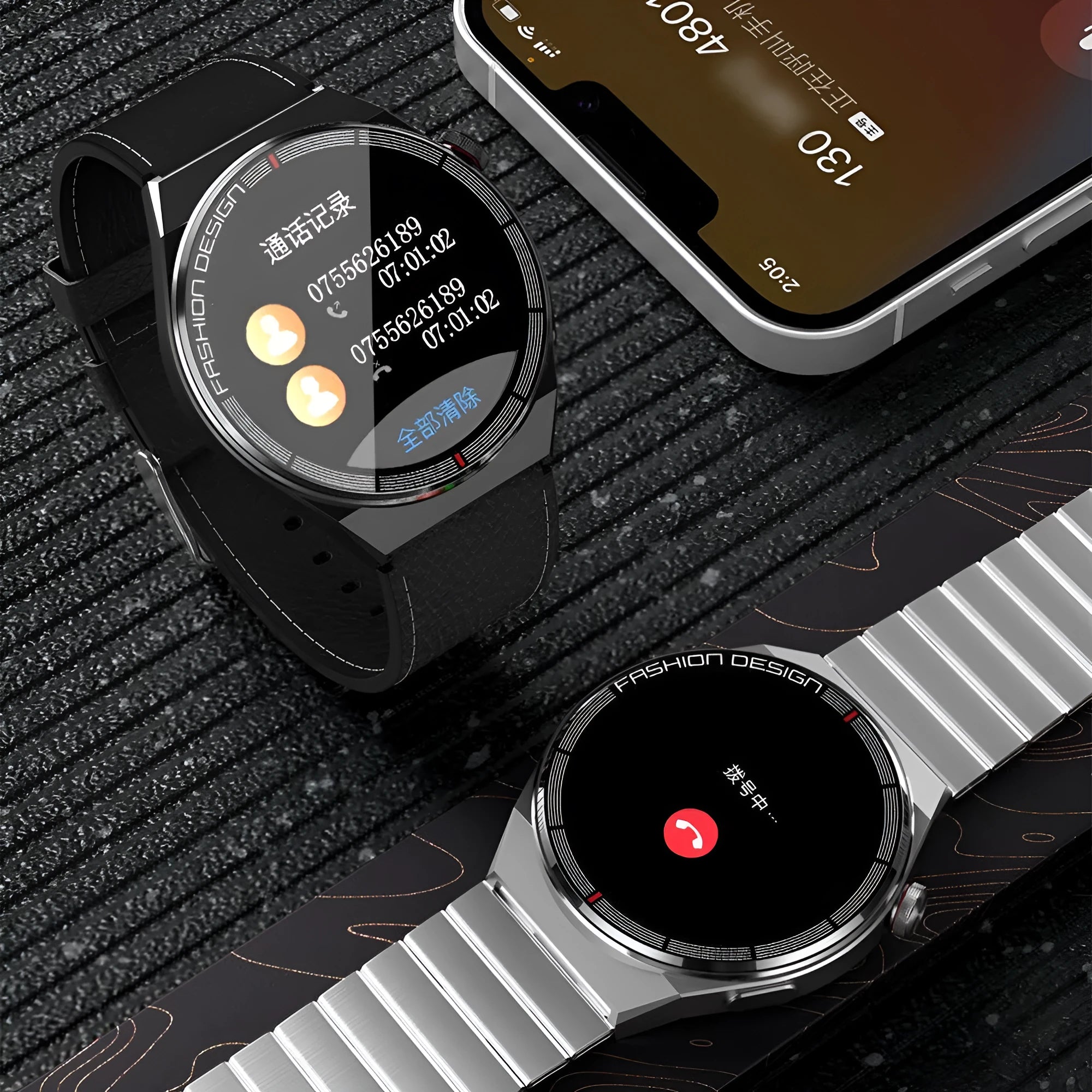 Black and silver smartwatch with a 1.28-inch screen on a silicone strap, showing heart rate and call functions.