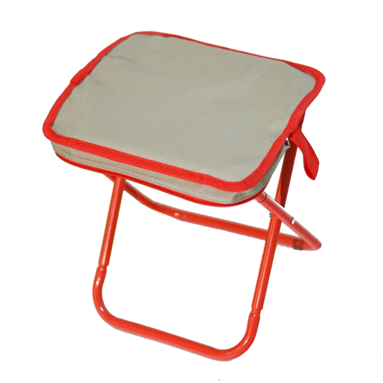 A lightweight foldable camp chair stool in oxford cloth, shown in a khaki colour, folded compactly.