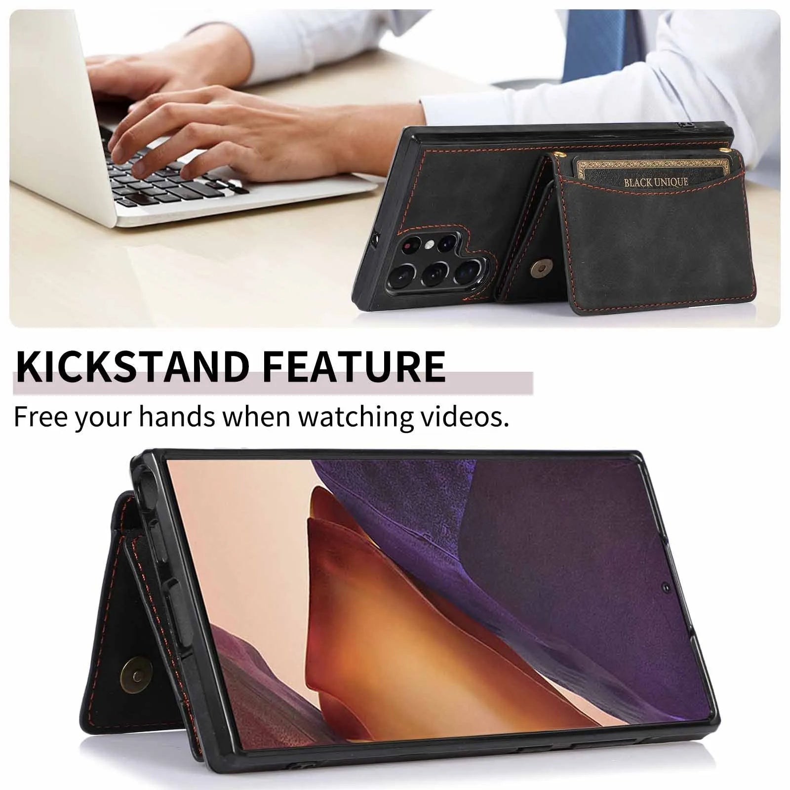 Three-fold wallet phone case with card slots for Samsung Galaxy in black