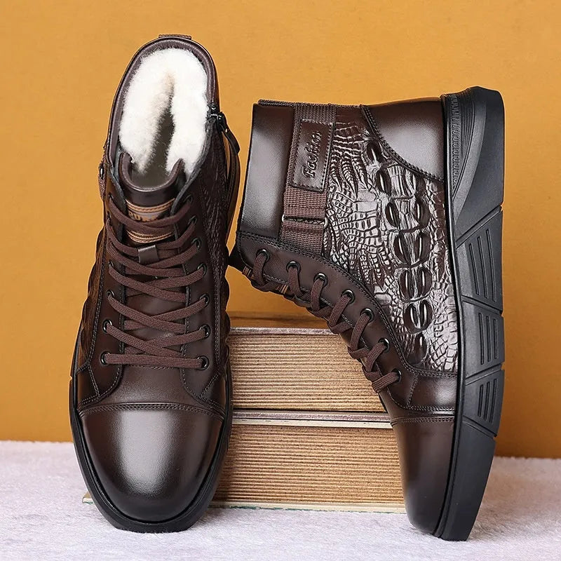 Leather snow boots with fur lining, rubber soles, and lace-up front in black or brown with velvet detailing