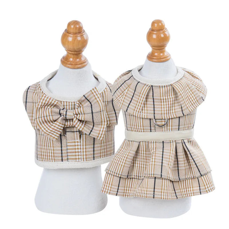 Adjustable dog vest harness with integrated hand holding rope in beige or purple skirt colours