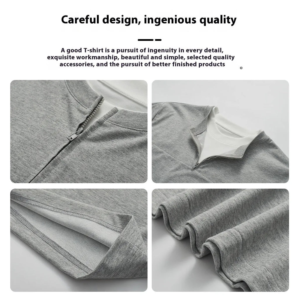 Women's loose fit solid colour patchwork pullover top with zip false detail in cotton blend fabric.
