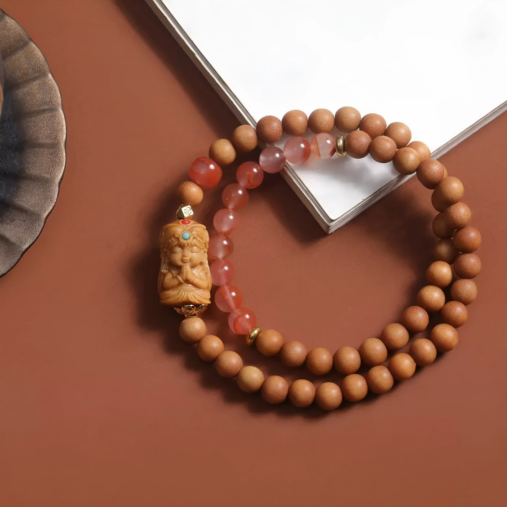 Brown wooden bracelet with South Red Zachilam pattern and double circle design on 6mm beads
