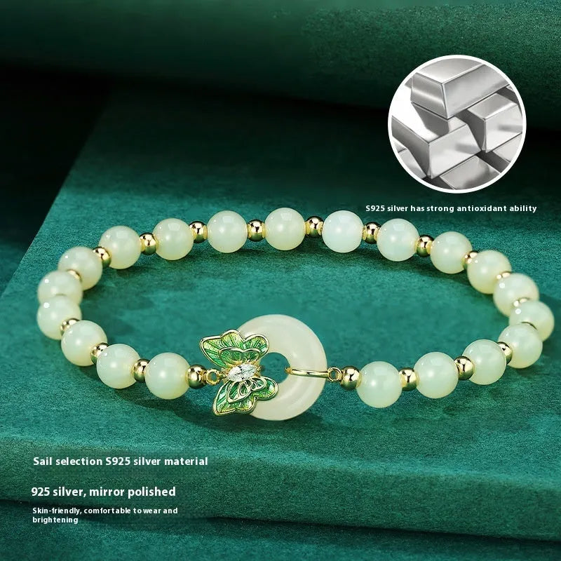 Women's Hetian jade bracelet with butterfly sterling silver inlay and cyan coloured 6mm beads