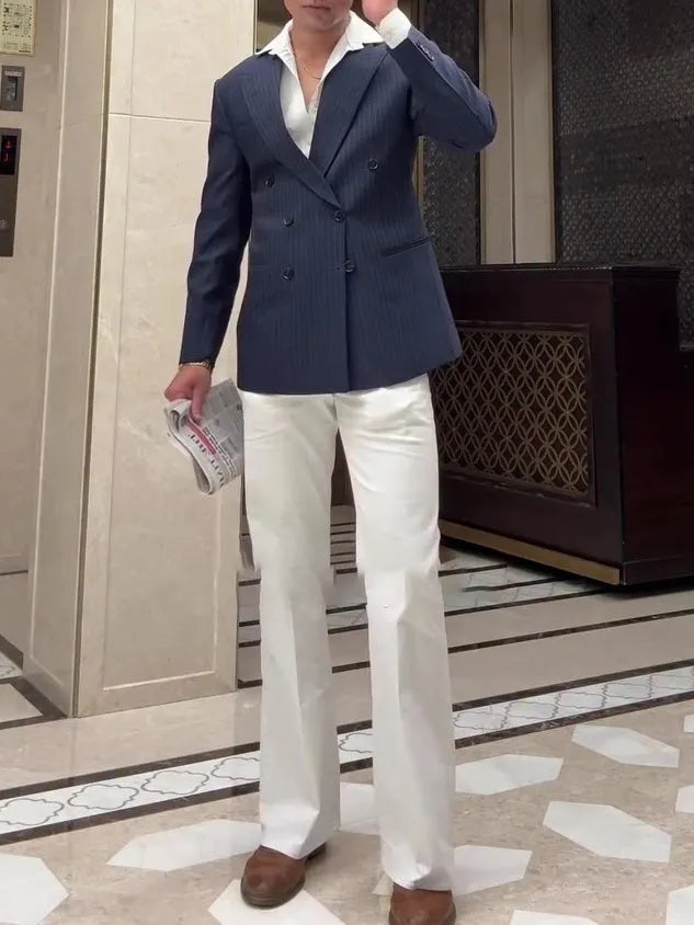 Men's striped double breasted blazer in regular fit polyester fabric