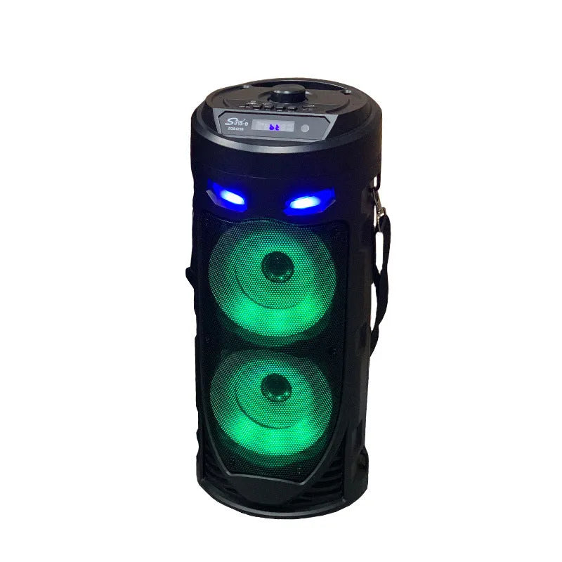 Black portable Bluetooth speaker with dual horn cannon design and USB port