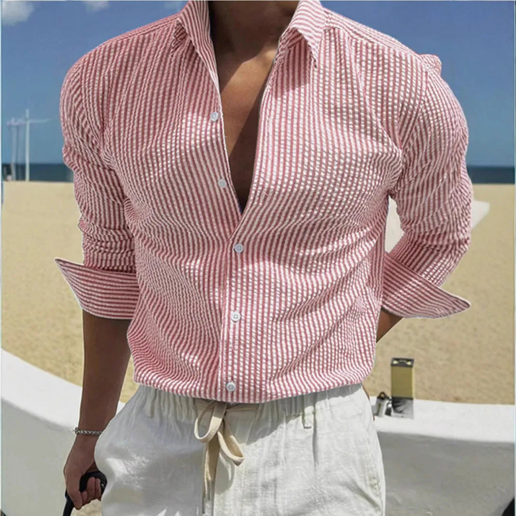 Men's striped cardigan lapel long sleeve shirt in polyester available in multiple colours