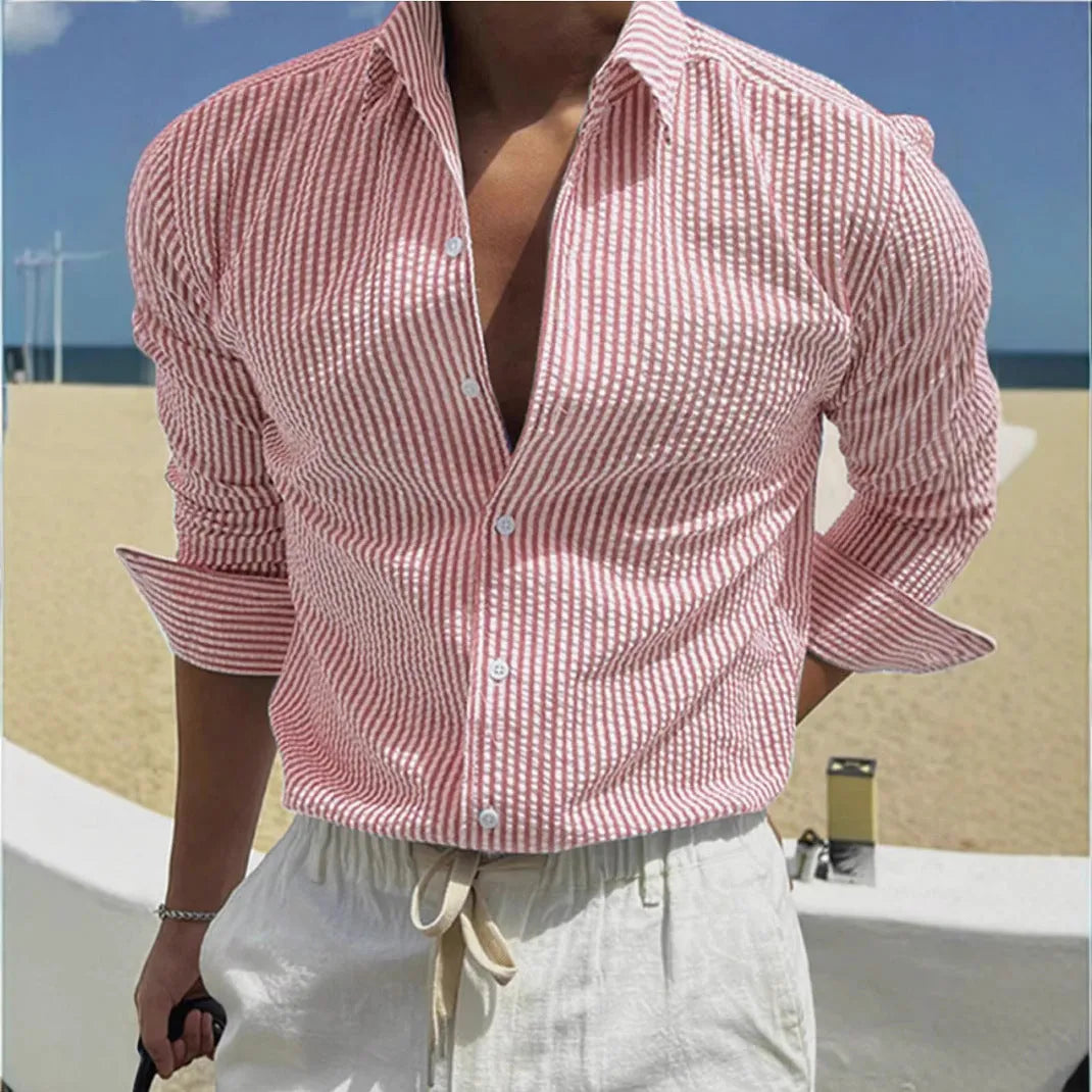 Men's striped cardigan lapel long sleeve shirt in polyester available in multiple colours
