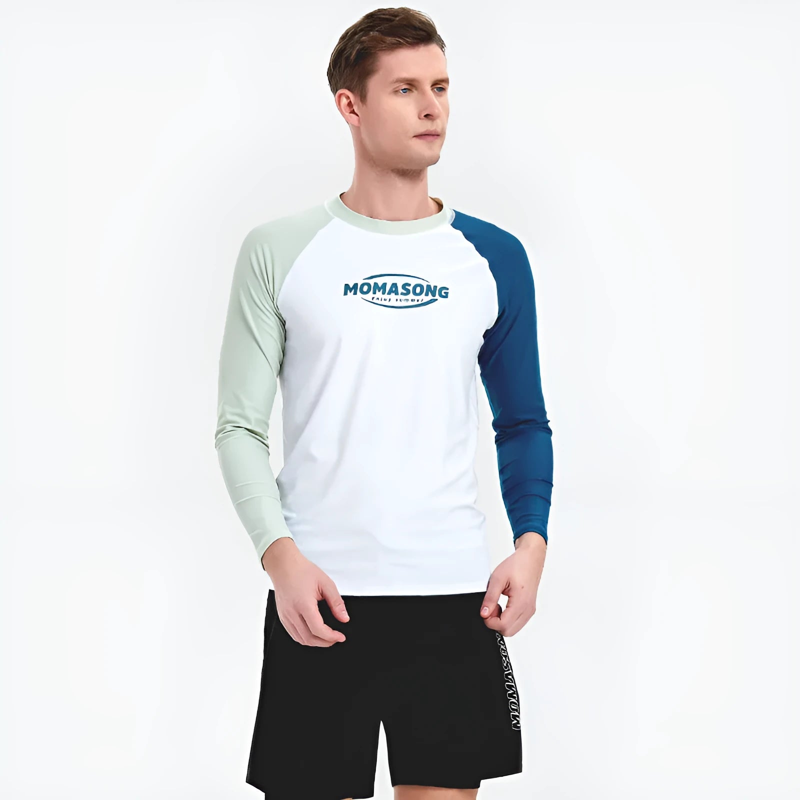 Men's white long sleeve swim top and matching blue swim trunks set for beach sports