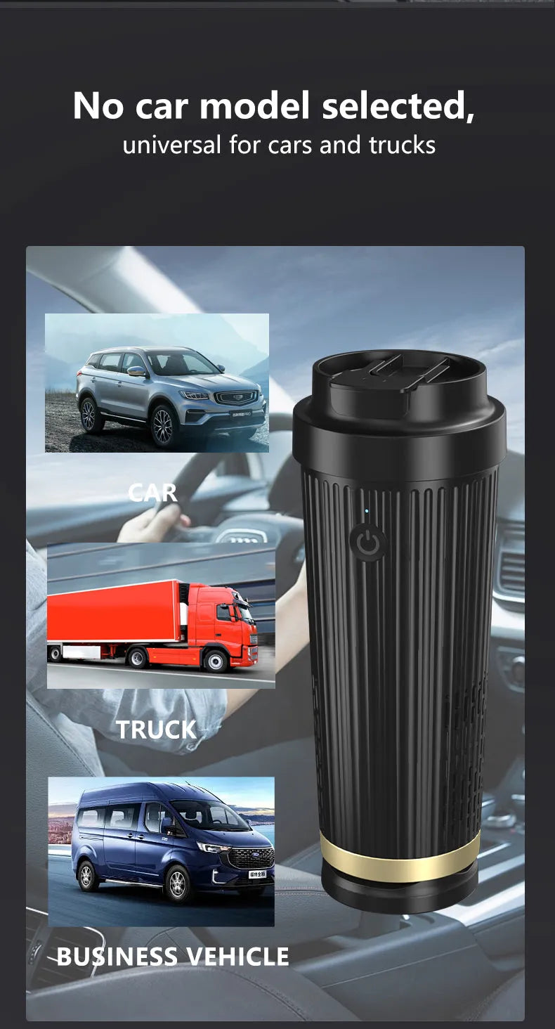 Black 36W car-mounted smart heating and cooling cup with 12V plug, size 111x96x235mm