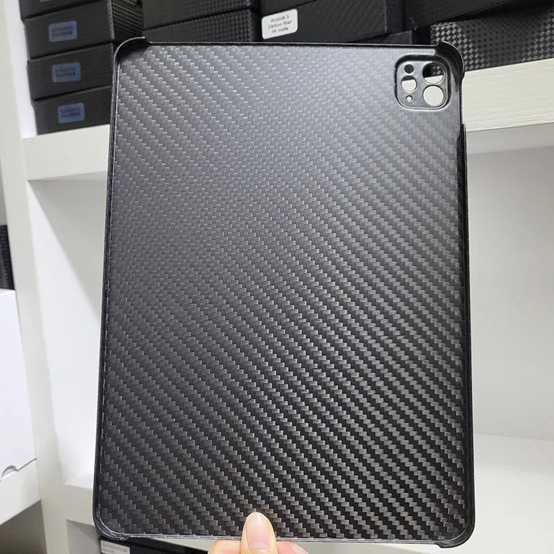 Real carbon fibre hard protective case for Apple iPad Pro 11 inch with embossed plaid design.