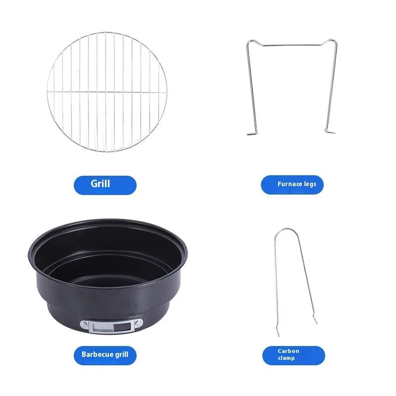 Small round folding outdoor ice stove with barbecue grill and mesh, packed with leg and clip.
