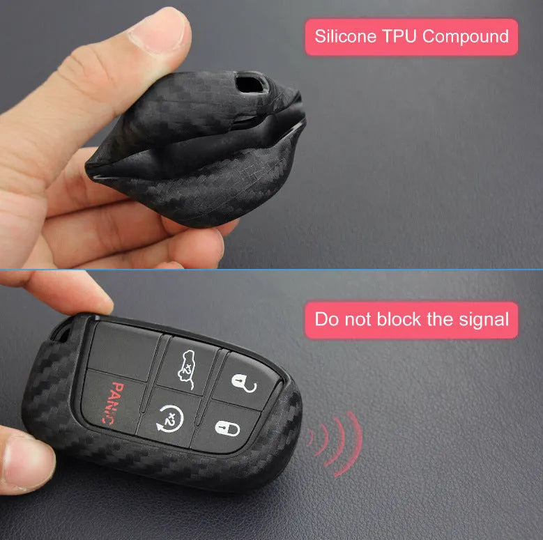 Black silicone key case for Dodge Chrysler Fiat remote, shown with and without a large plastic attachment buckle.