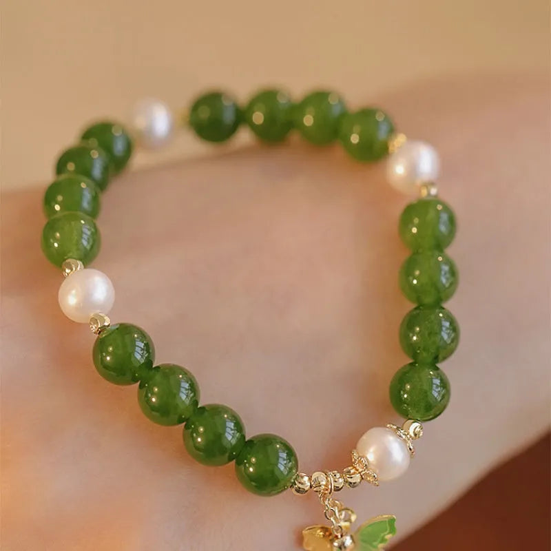 Natural green chalcedony bracelet with geometric design and round elements for women