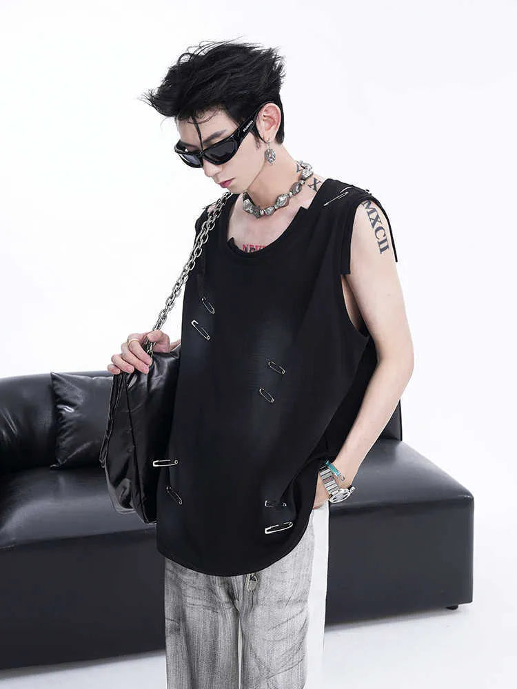 Men's black ripped sleeveless vest waistcoat t-shirt with irregular cutting and round neck