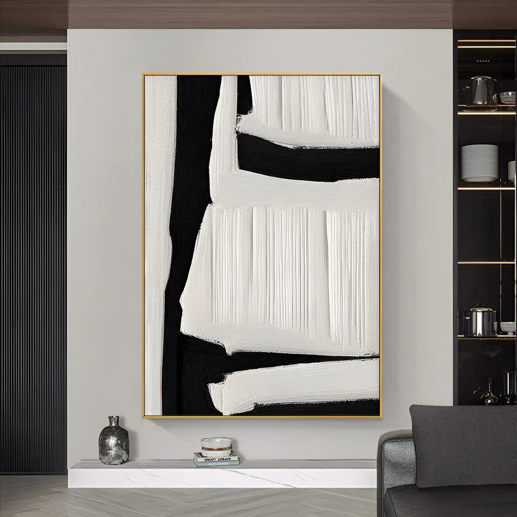 Large abstract hand-painted oil painting on canvas in black, white and beige tones with textured surface
