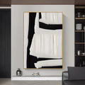 Large abstract hand-painted oil painting on canvas in black, white and beige tones with textured surface