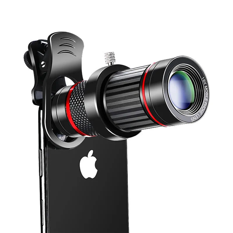Mobile phone zoom telephoto lens 15-45X with metal tripod and UV filter on red circle background