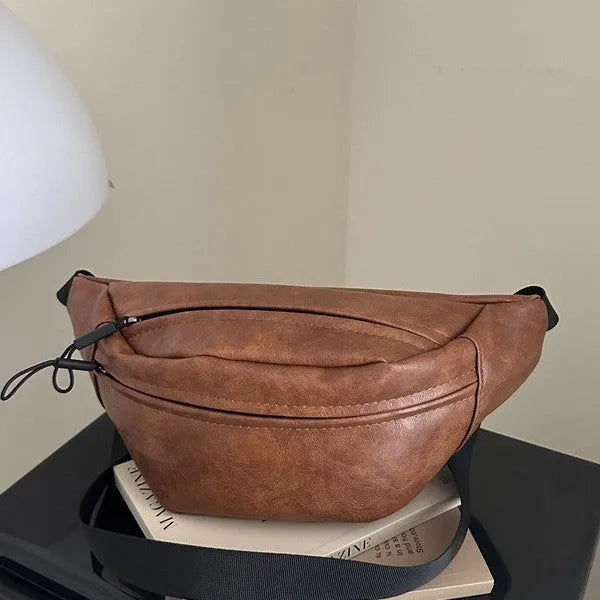 Women's all-match shoulder messenger bag in PU with stitching details, available in black and brown