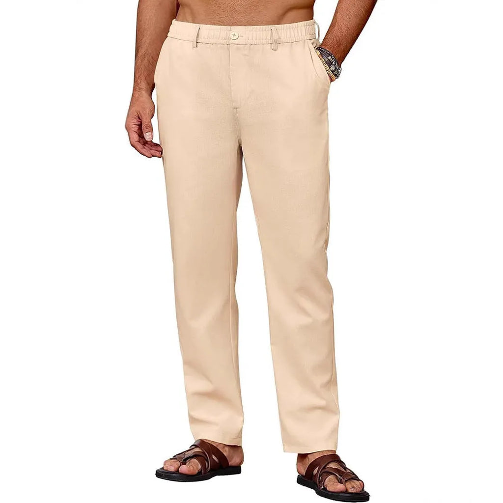 Men's casual straight leg drawstring pants in polyester with slight stretch, full length, low waist, spring trousers