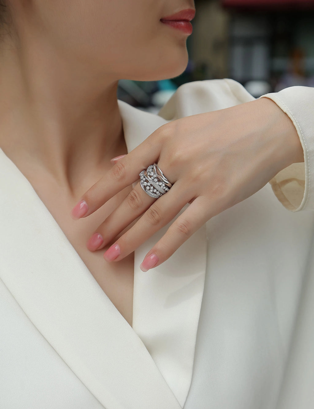 Blossoming All The Way moissanite wedding ring set in S925 silver with platinum plating, gift box packaging