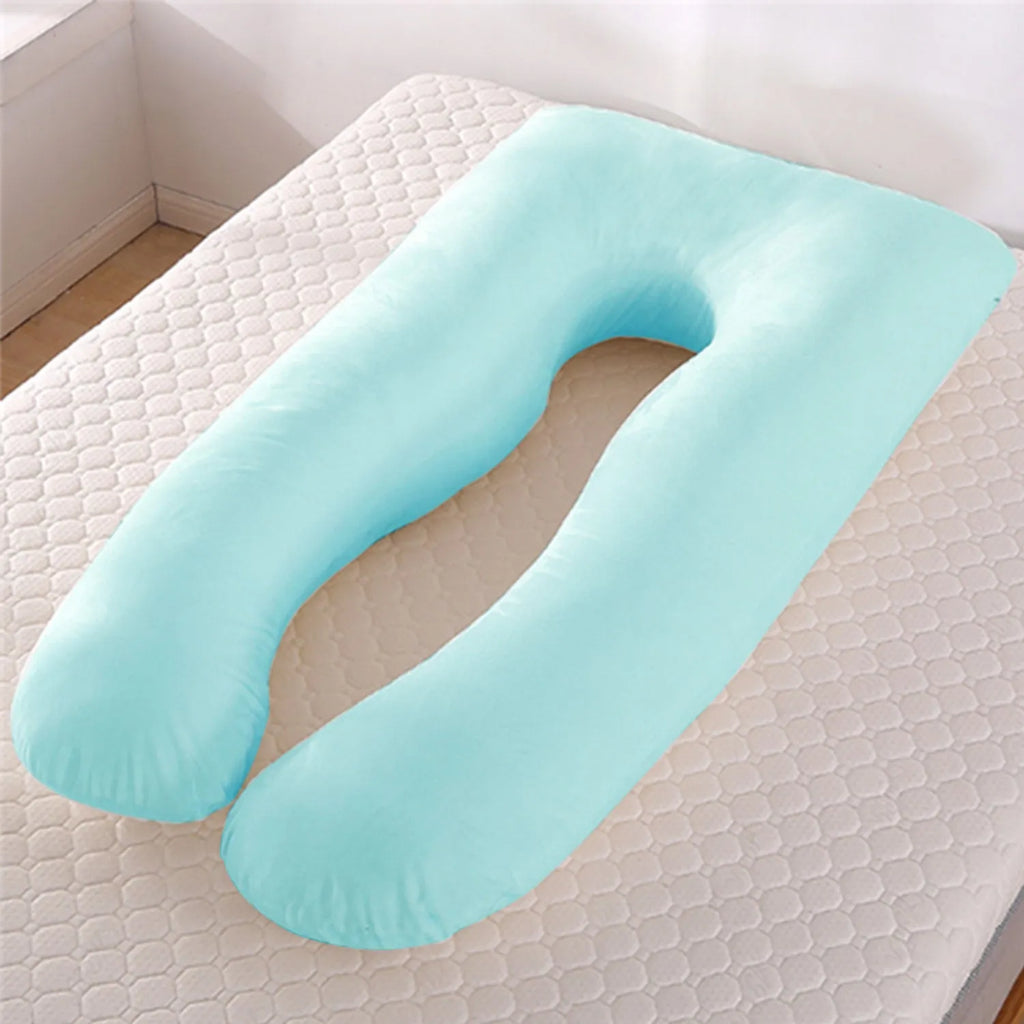 U-shaped maternity pillow with ice silk cover in green colour showing curved design for pregnancy support
