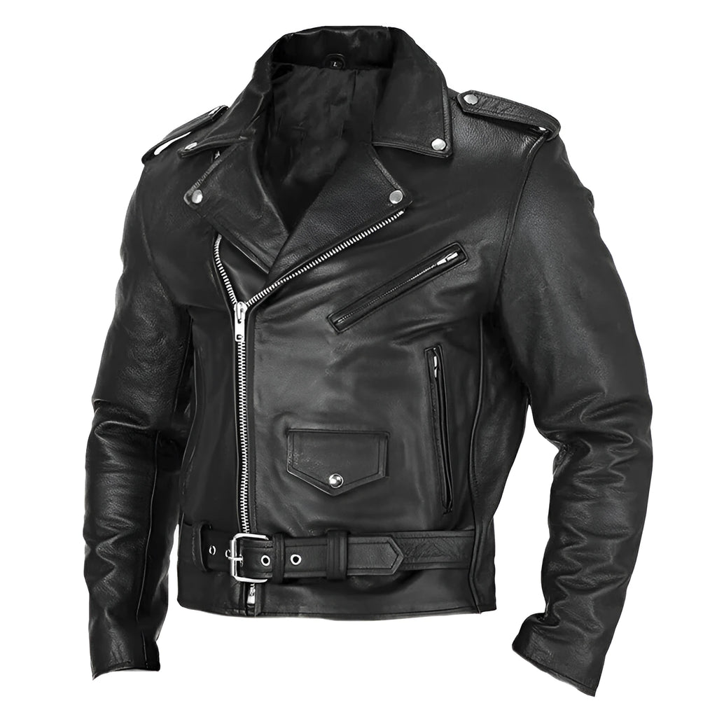 Men's black PU leather motorcycle biker jacket with punk style, regular fit, 50cm length