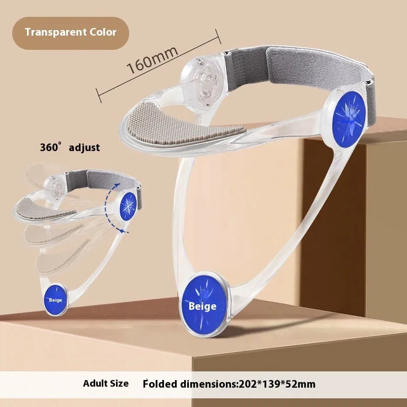 Adjustable cervical spine correction brace in blue, pink, and transparent for adults and children.