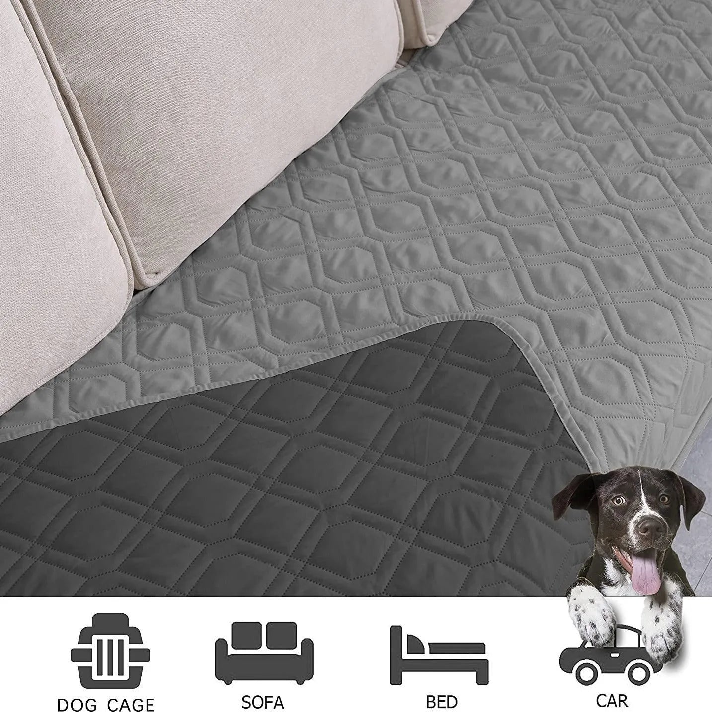 Reversible waterproof dog blanket on a sofa showing two colour sides, available in black, burgundy, camel, coffee and grey.