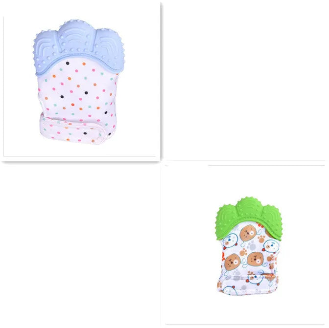 Baby silicone teething glove with Velcro strap in a smiley face yellow design.