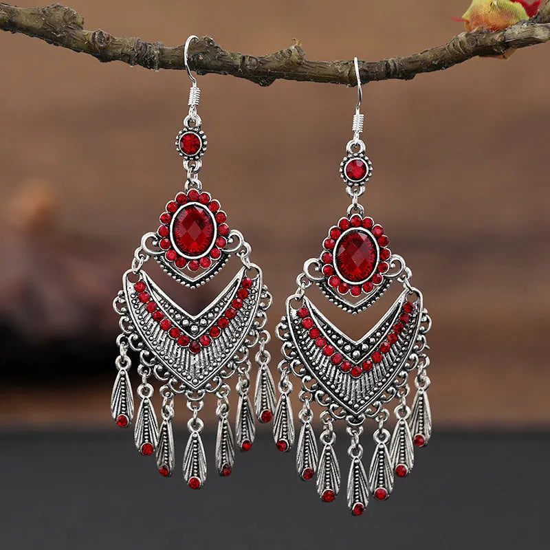 Retro long fringe drop earrings with crystals in smart water drop purple colour