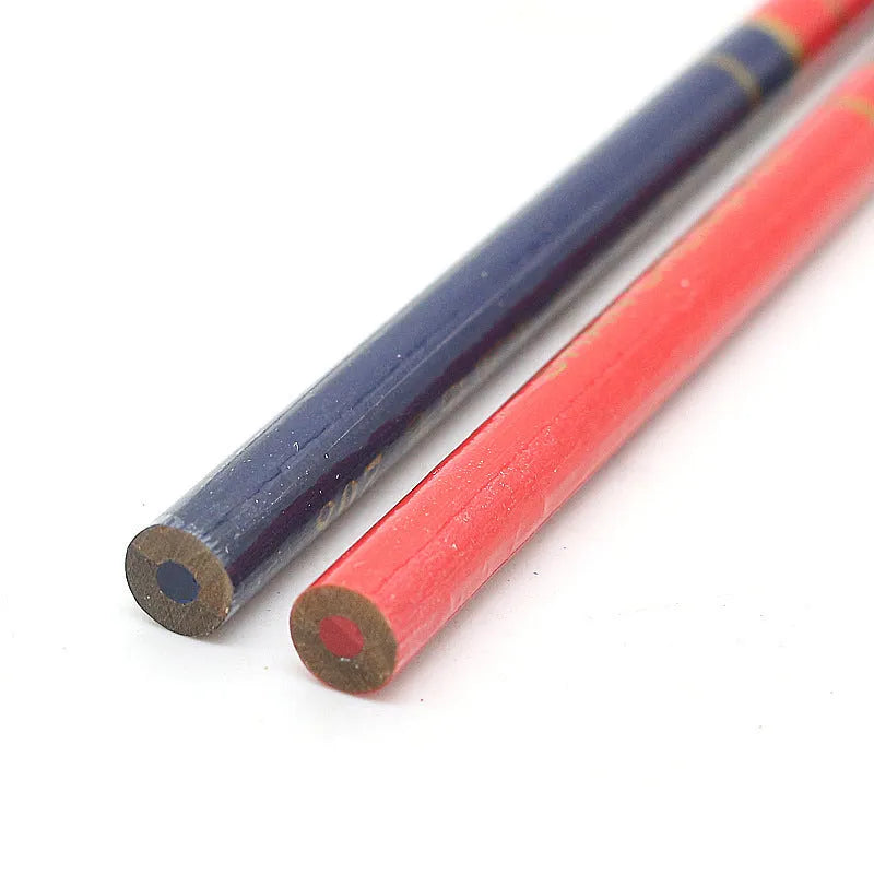 Ten red and blue two-colour carpenter pencils with round wooden barrels for marking