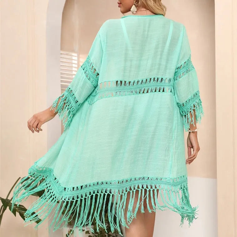 Hand-crocheted loose fit beach cover-up cardigan with tassels in water green