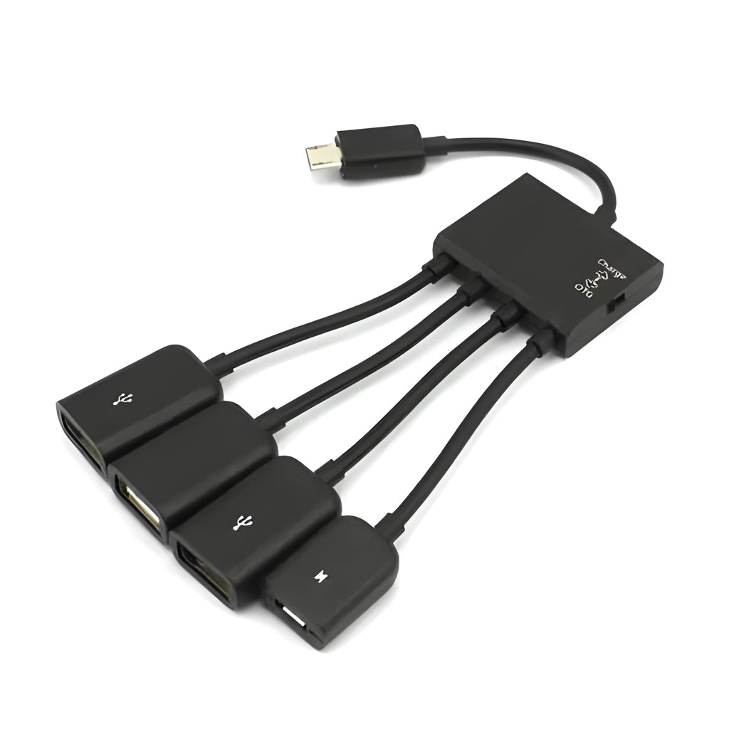 Black Micro USB OTG hub adapter with one-to-four ports and 0.25-metre cable